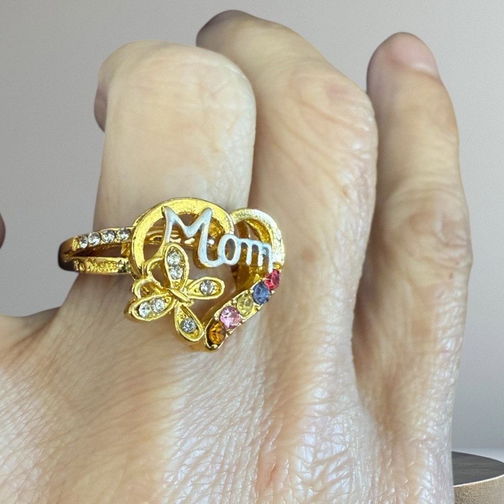 Gold Heart 'Mom' Ring w/Multicolor Accents, Mothers Day Gift, Gold Crystal